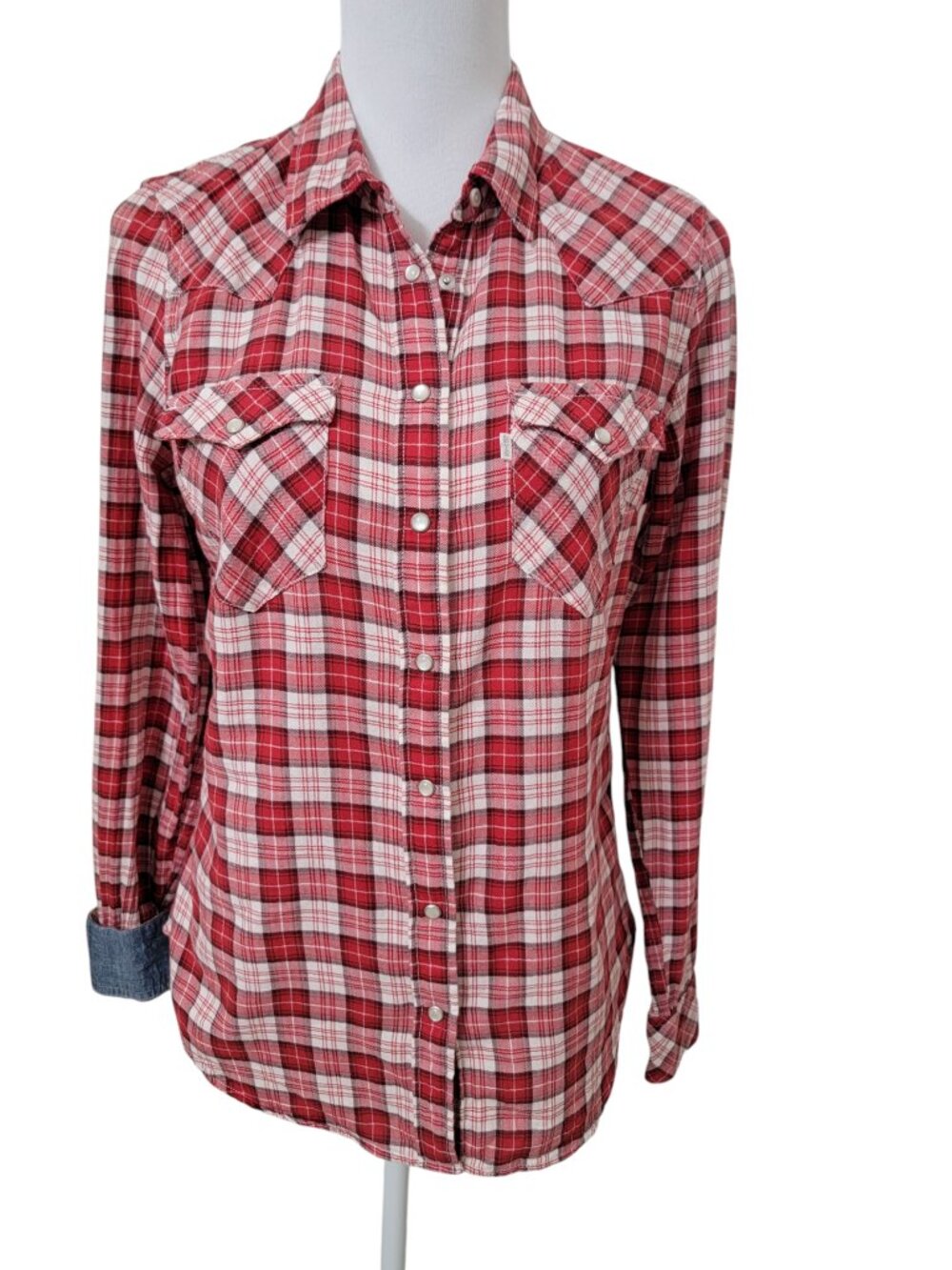 Levi's Size M Tailored Fit Denim Accented Plaid Western Pearl Snap Button Shirt